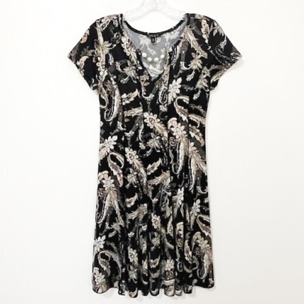 Sami & Jo Black Tan Floral Panel A-Line Dress Short Sleeve Size PS